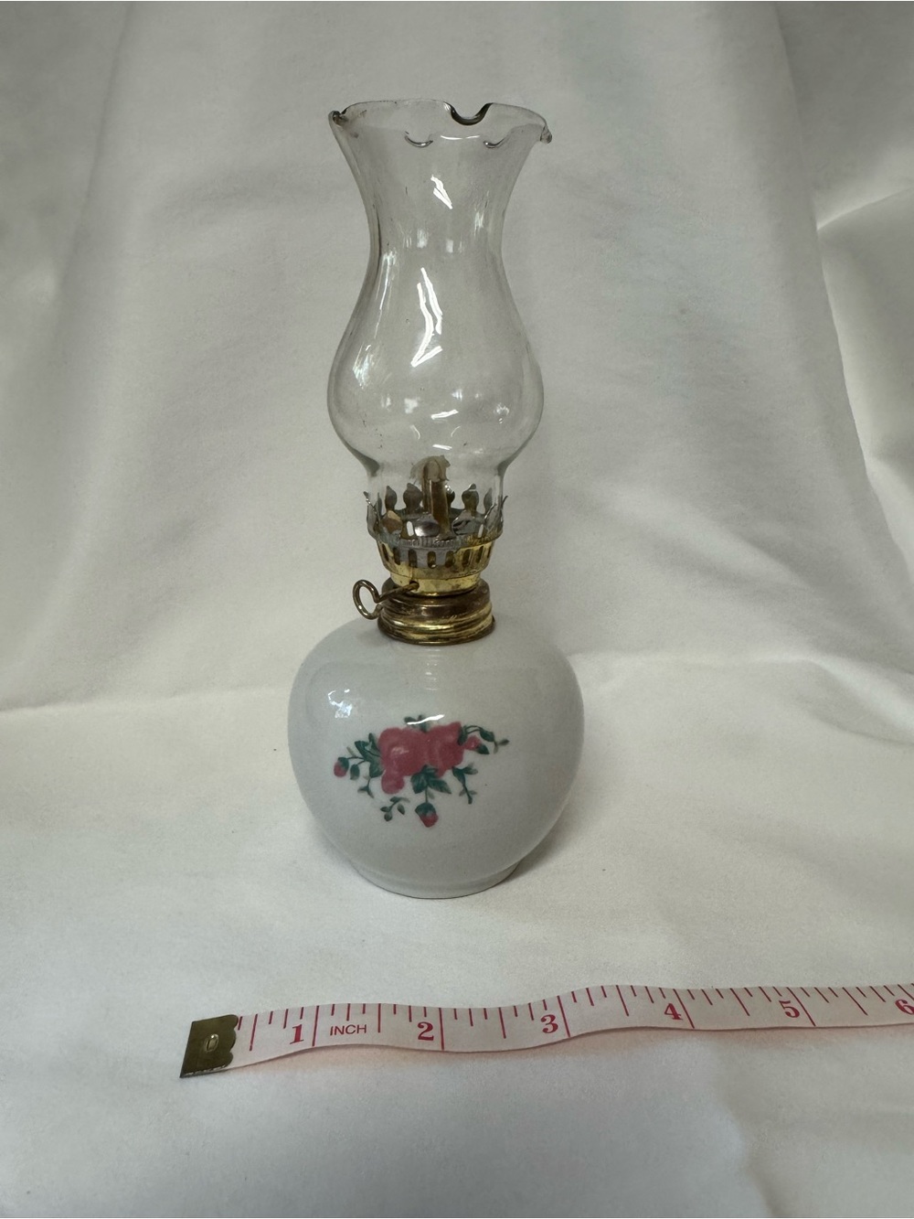 Porcelain Floral Mini Oil Lamp with Clear Glass Chimney - White with Pink Rose
